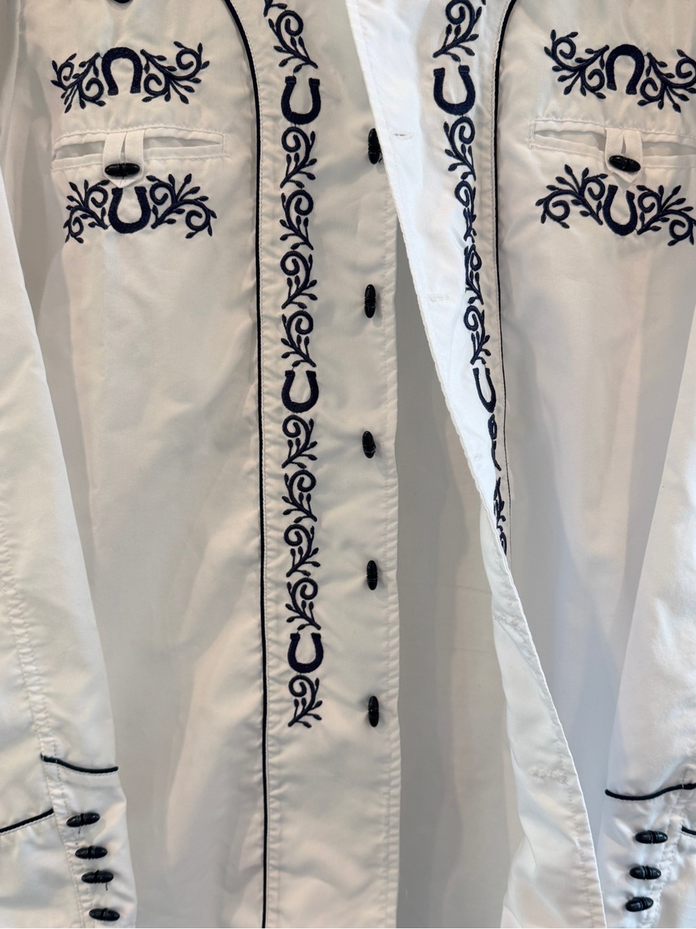 Ranger's Charro White Shirt with Dark Blue Floral Embroidery Button Down sz L - Picture 6 of 12